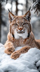 Obraz premium A Lynx Rests Gracefully on a Snowy Perch Surrounded by Tall Evergreen Trees in the Winter Forest During Daylight