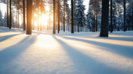 A serene winter landscape featuring tall trees and soft snow, illuminated by the warm glow of the sunrise through branches.