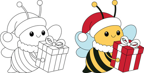 Cute bee is holding a gift box and wearing a Christmas hat outline coloring page, Christmas and winter animal colouring for kids