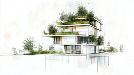 Architectural sketch of a modern eco-friendly building with green terraces and large copy space on a white background.