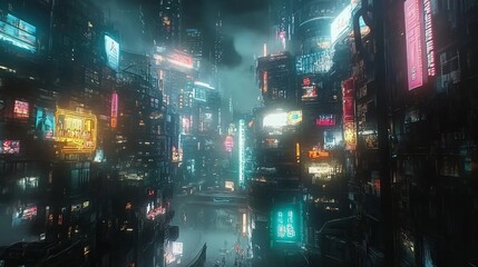 Obraz premium A futuristic city at night with glowing neon signs.