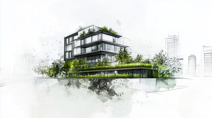 Architectural sketch of a modern eco-friendly building with green terraces and large copy space on a white background.
