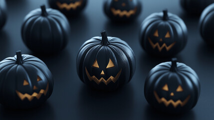 Black Halloween pumpkins in 3D, featuring joyful and creepy carved smiles, designed for use in advertising with copy space.