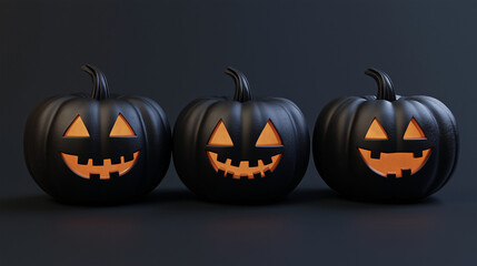 Black Halloween pumpkins in 3D, featuring joyful and creepy carved smiles, designed for use in advertising with copy space.