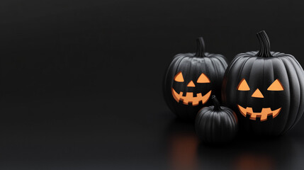 Black Halloween pumpkins in 3D, featuring joyful and creepy carved smiles, designed for use in advertising with copy space.