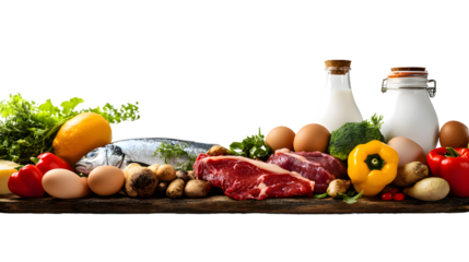 Wooden board with steak, fish, eggs, milk, fruit, vegetables isolated on transparent background