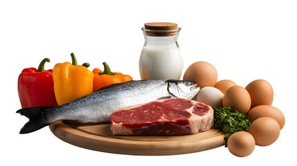 Wooden board with steak, fish, eggs, milk, fruit, vegetables isolated on transparent background