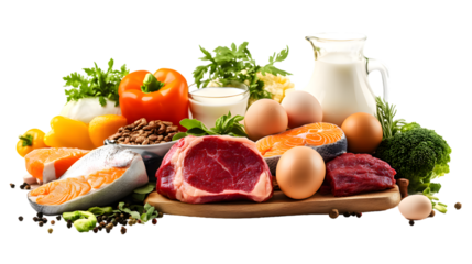 Wooden board with steak, fish, eggs, milk, fruit, vegetables isolated on transparent background