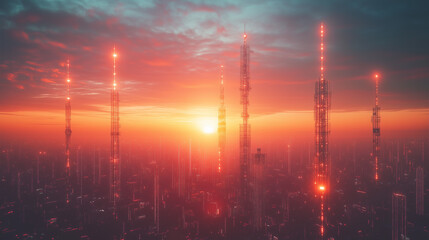 Digital infrastructure at sunset with tall telecommunication towers, receivers highlighted, space for text included.