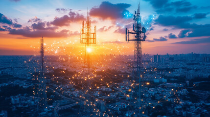 Cityscape at Sunset with Cell Towers and Network Signals: A dramatic aerial view of a bustling cityscape at sunset, showcasing towering cell towers illuminated by the golden hour. Network signals radi