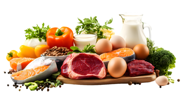 Wooden board with steak, fish, eggs, milk, fruit, vegetables isolated on transparent background
