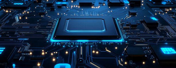 Cybernetic Heart: A futuristic CPU pulsates with blue energy, illuminating the intricate circuitry of a powerful motherboard. 