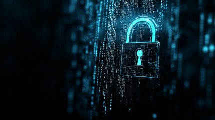 Digital Fortress: A glowing padlock stands guard against a backdrop of cascading binary code, symbolizing robust cybersecurity in an interconnected world. 