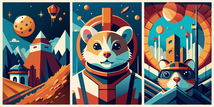 Minimalist abstract hamster art collection featuring space theme designs