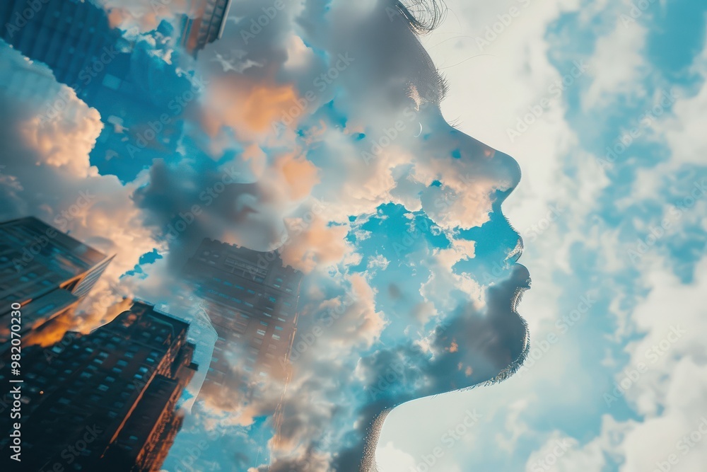 Canvas Prints artistic depiction of a human face formed by clouds, blending with a city skyline beneath. free copy