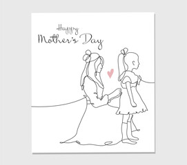 Continuous one line drawing of Mother and daughter dress for the holiday. Mom and daughter in one line style for Happy Mother's Day