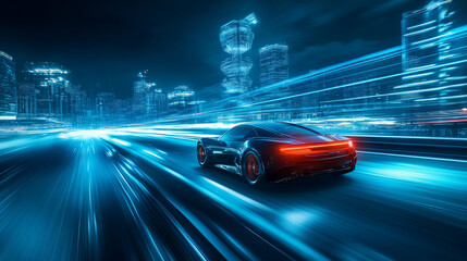 Autonomous Revolution: A sleek, futuristic car speeds through a neon-lit cityscape, embodying the future of transportation.