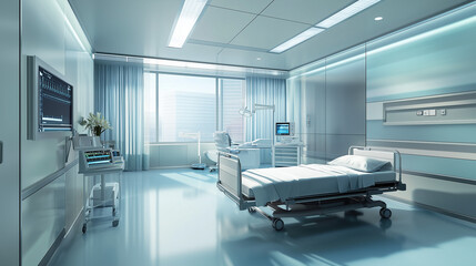 Modern Hospital Room: A sterile and bright, modern hospital room with a clean and minimalist design. The bed is neatly made, and the room is equipped with all the necessary medical equipment. The wind