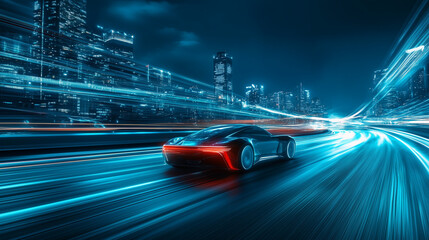 Night City Speedster: A sleek, futuristic sports car blazes through the neon-lit cityscape, its taillights like streaks of fire against the blurred backdrop of urban energy.  A captivating blend of sp