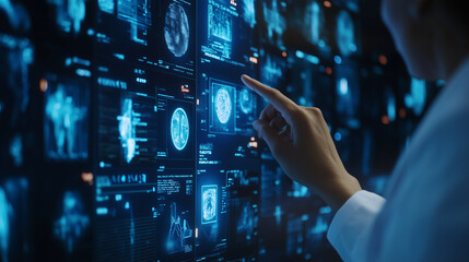 Decoding the Brain: A medical professional interacts with a futuristic holographic display of brain scans, navigating the complexities of neuroscience in a high-tech environment. 