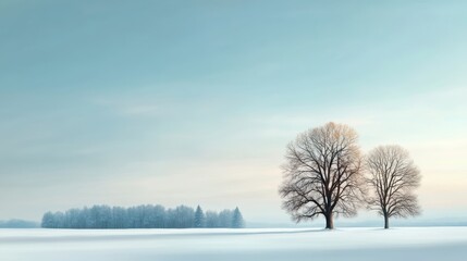 A tranquil winter landscape featuring two trees surrounded by snow and a serene sky, perfect for nature and seasonal themes.