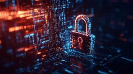 Cybersecurity: A digital padlock, glowing with vibrant blue and orange hues, stands strong amidst a matrix of data, symbolizing robust online protection.