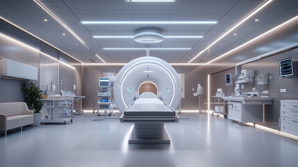 Modern MRI Room: A sterile and futuristic medical environment with a sleek, white MRI machine and a patient table, showcasing advanced healthcare technology. The room is bathed in soft, cool light, cr