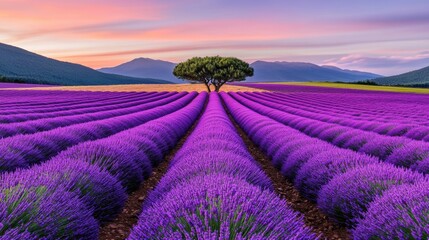 Obraz premium A field of lavender with a lone tree in the middle, AI
