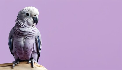 Fototapeta premium A cute parrot sitting on a solid pastel purple background with space above for text