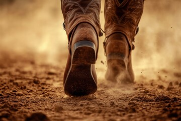 Dusty cowboy boots and spurs walking across a sunlit trail during an afternoon in the countryside