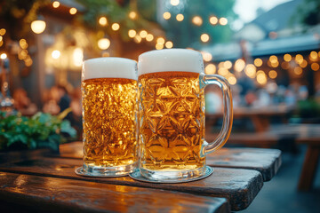 A photo of a beer mug on a wooden table. The concept of the holiday.