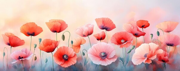 Poppies in a field, vibrant reds, soft landscape, watercolor style