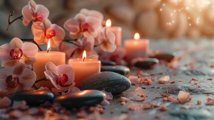A spa, featuring soothing elements like glowing candles, smooth black stones, and delicate white and pink orchids, all arranged on a calming beige background. emphasizes relaxation and tranquility.