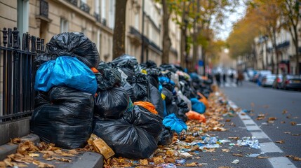 Garbage Bags Piled on a City Street During Autumn Amidst Fallen Leaves and Abandoned Litter in an Urban Environment