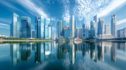 Panoramic cityscape with skyscrapers mirroring the azure sky in their glassy facades.