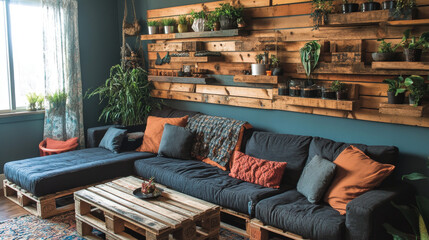 Upcycled home decor project featuring repurposed wooden pallets turned into stylish wall shelving for a living room makeover