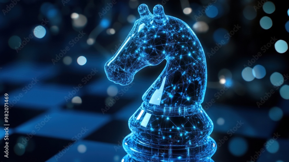 Aufkleber a digital chess knight illuminated with a network of glowing nodes.