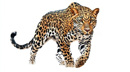 Fototapeta premium Bold vector art of a prowling leopard, featuring sharp lines and intricate spots, placed against a simple white background