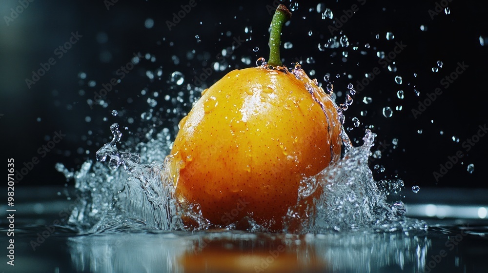 Poster a vibrant orange splashes into water, creating dynamic droplets and ripples.