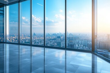 Fototapeta premium Modern Office Space With Large Windows Offering a Panoramic City View at Sunrise