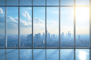 Naklejka premium Expansive City Skyline View From a Modern Office Building During Sunset in a Vibrant Urban Landscape