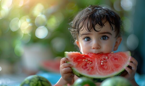 Cute baby eating a watermelon slice. AI.