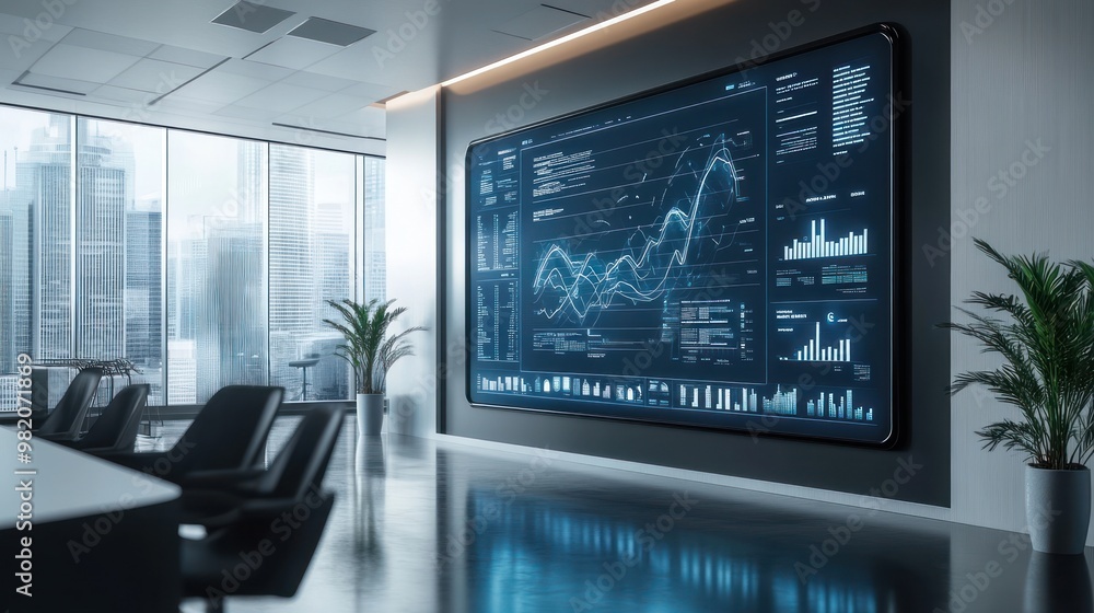 Poster modern office space featuring a large data visualization screen on a sleek wall.