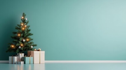 Cozy holiday scene featuring a decorated Christmas tree and beautifully wrapped gifts against a soothing teal wall.