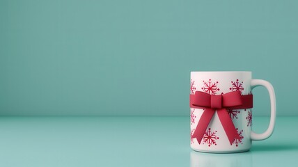 A festive mug adorned with a red bow and snowflake design, set against a light teal background.
