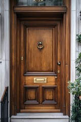 Obraz premium Elegant Wooden Door With Brass Accents in a Historic Building Entrance During Daylight, Showcasing Intricate Craftsmanship and Details