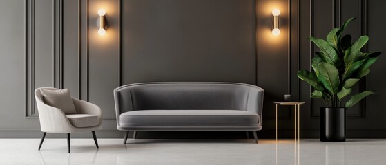 Modern living room interior featuring stylish furniture and decorative elements for a chic home atmosphere.