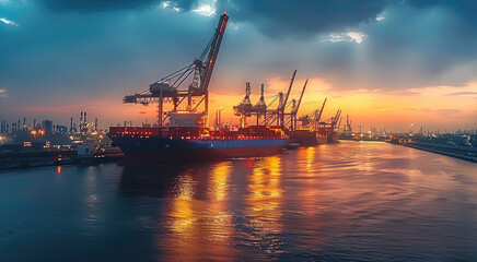 Obraz premium View of the sea port at night, cranes for loading cargo on ships, beautiful sky. Generative AI.