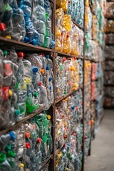 Fototapeta premium Recycling Center Filled With Sorted Plastic Bottles in Vibrant Colors During Daylight Hours