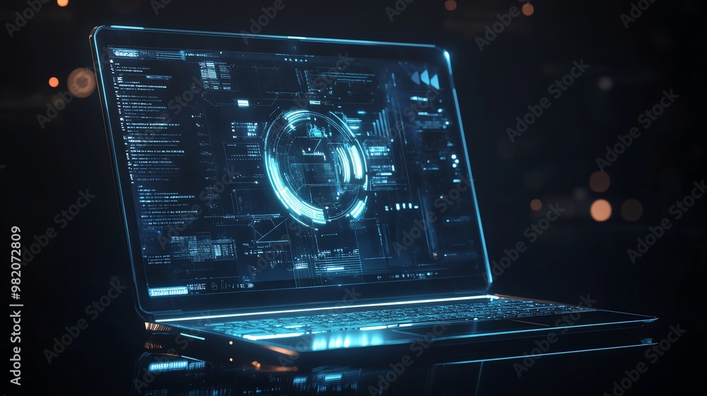 Poster a futuristic laptop with a glowing blue screen displaying digital data and code.